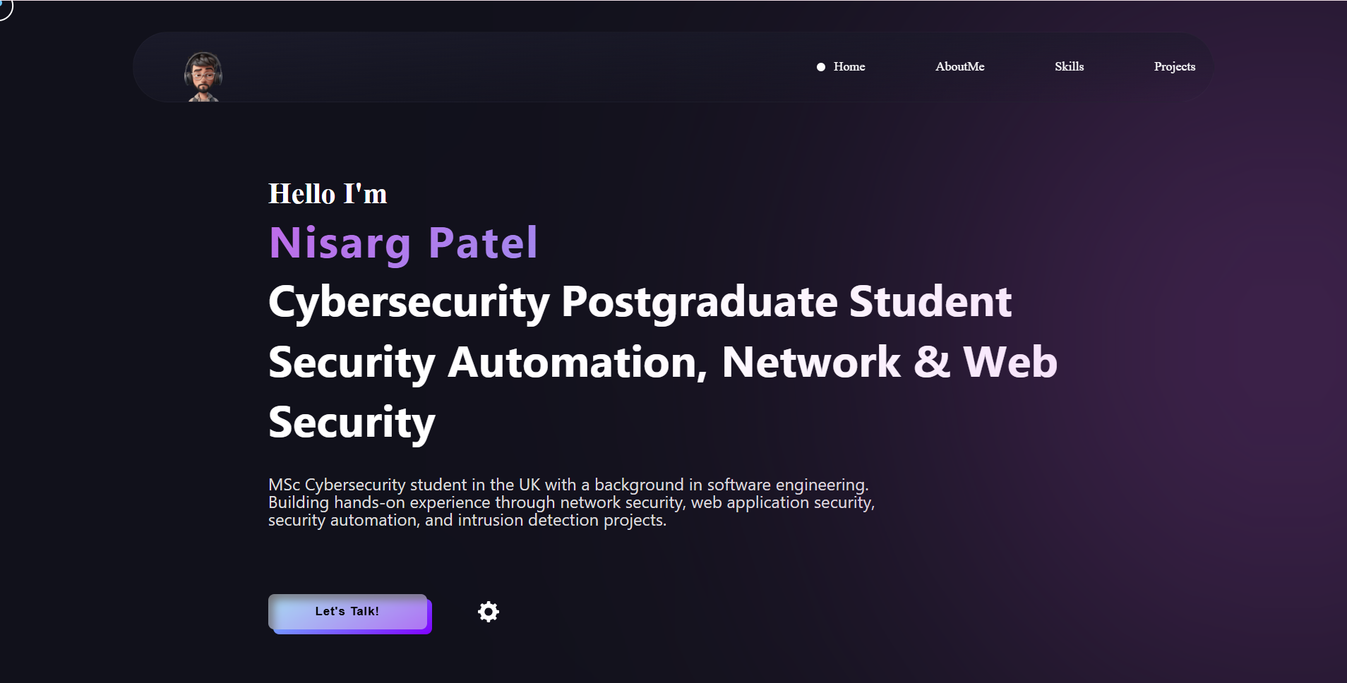 Nisarg Patel cybersecurity portfolio homepage